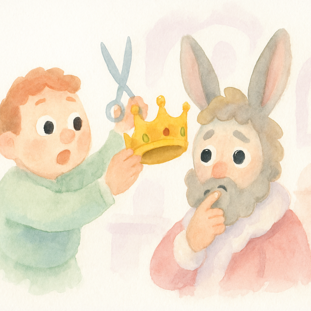 이발사 아저씨가 임금님의 왕관을 벗기고 당나귀 귀를 발견한 놀란 장면